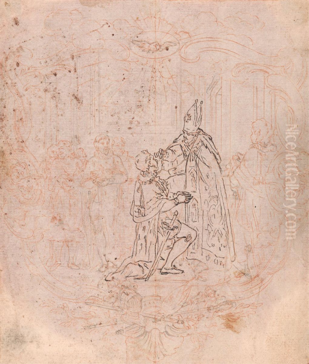 A Bishop Conferring an Honor, Scene Within a Cartouche Oil Painting by Hubert-Francois Gravelot