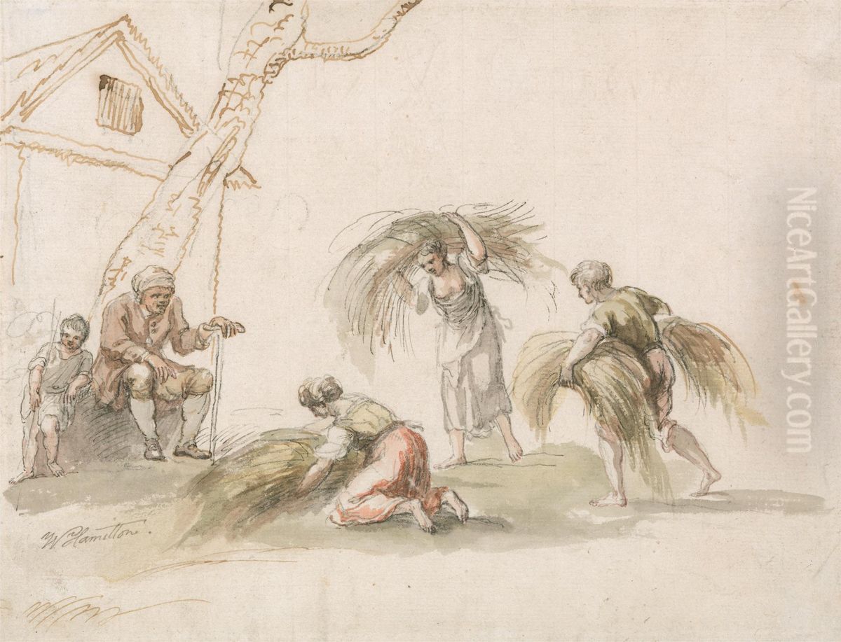 Figures Harvesting Oil Painting by William Hamilton