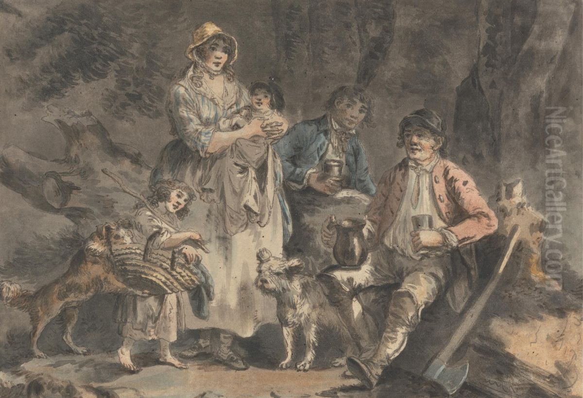 Woodcutter and His Family Oil Painting by Julius Caesar Ibbetson