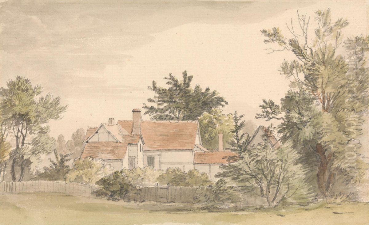 Cottages and Trees with a Fence Oil Painting by James Stark