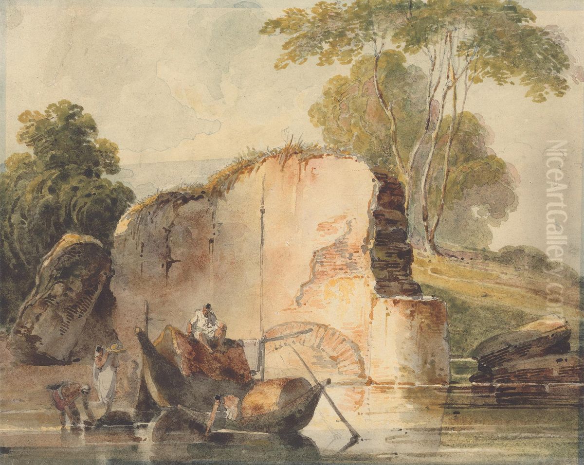 A River Scene Oil Painting by George Chinnery