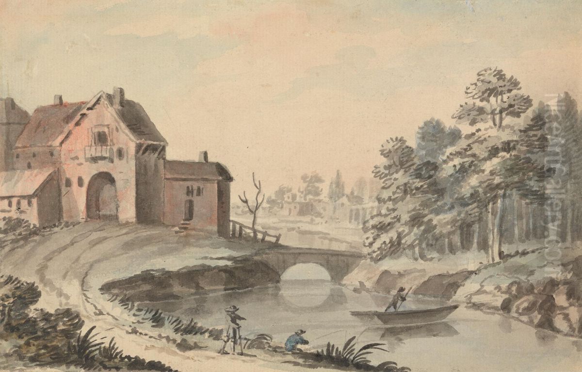 Figures in a Landscape by a River Oil Painting by Peter Tillemans