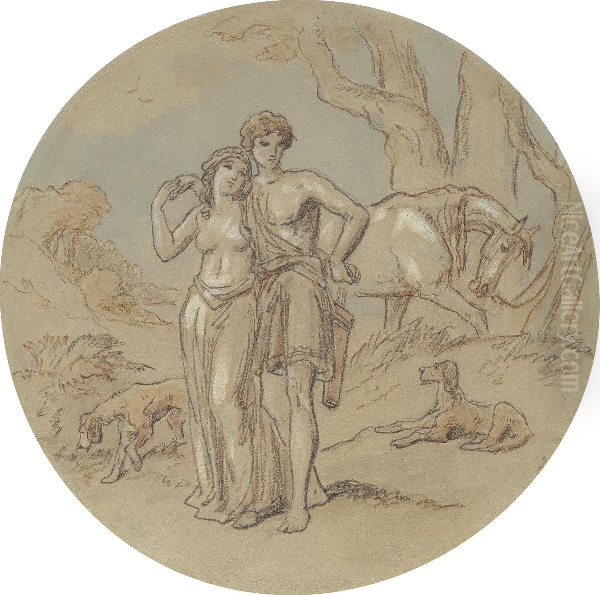 One of eighteen designs for a series of plates illustrating Venus and Adonis Oil Painting by Hablot Knight Browne