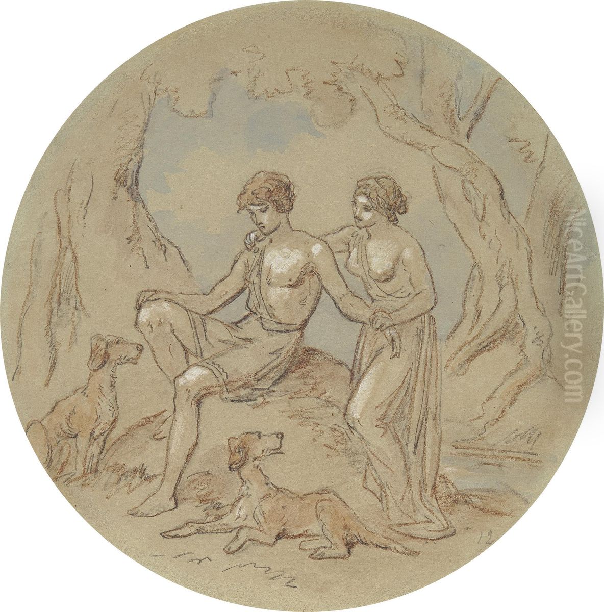 One of eighteen designs for a series of plates illustrating Venus and Adonis Oil Painting by Hablot Knight Browne