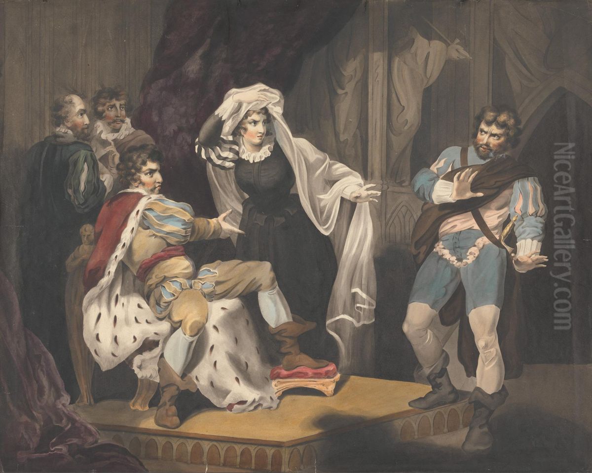 Theatrical Figures About a Throne Oil Painting by Richard Westall