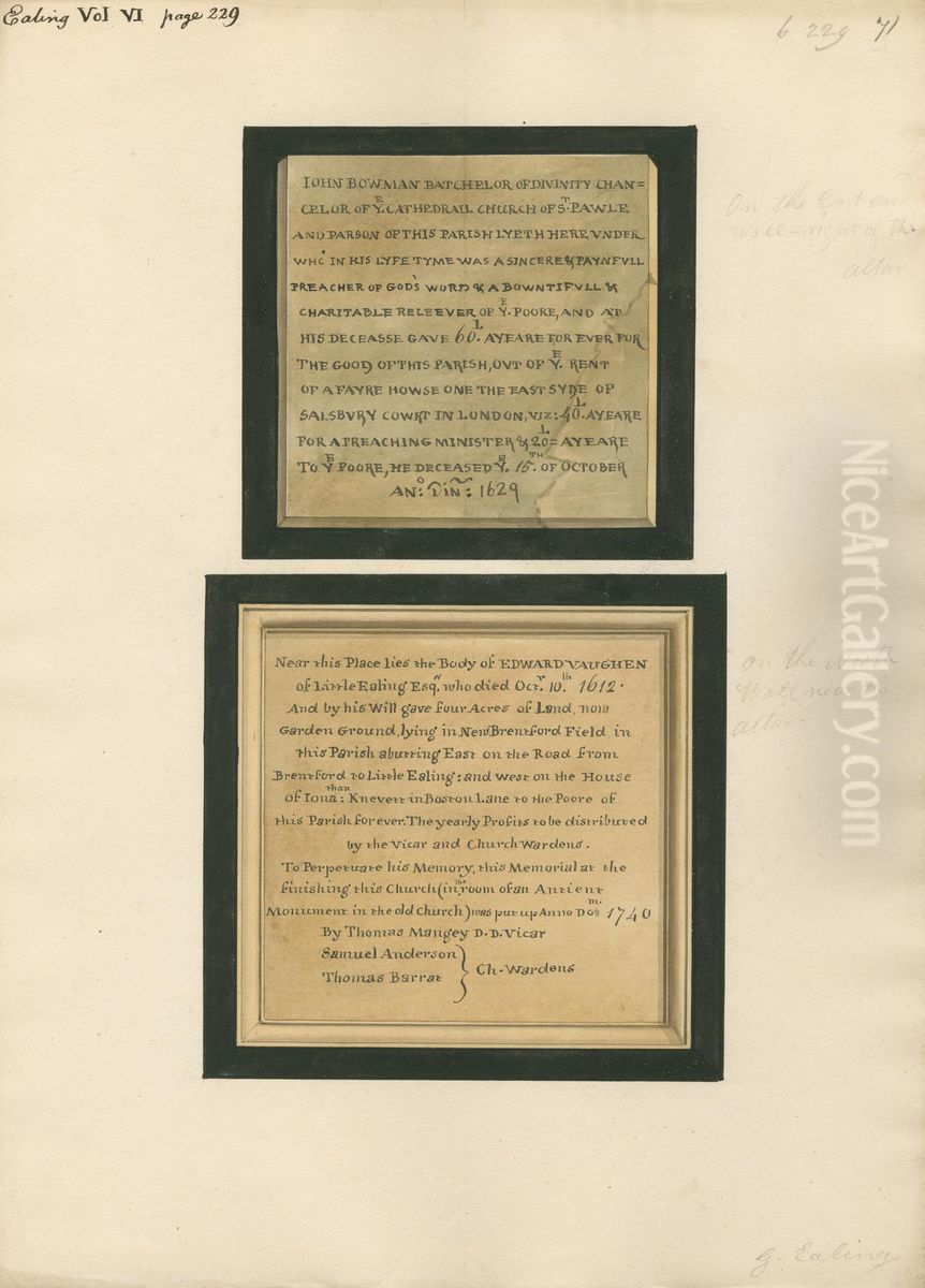 Memorial to John Bowman and to Edward Vaughen from Ealing Church Oil Painting by Daniel Lysons