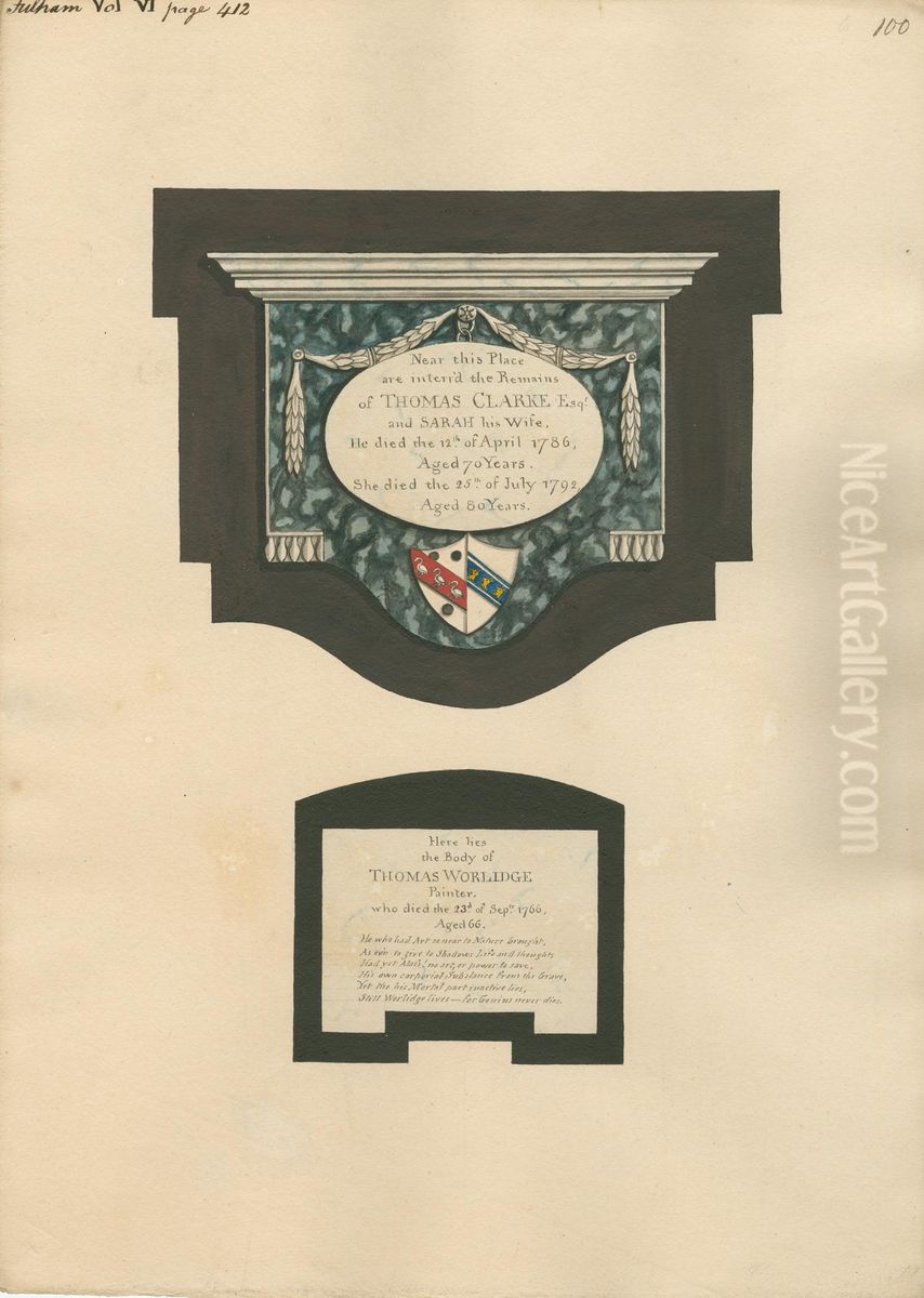 Memorial to Thomas Clarke and wife Sarah and Thomas Worlidge from Fulham Church Oil Painting by Daniel Lysons
