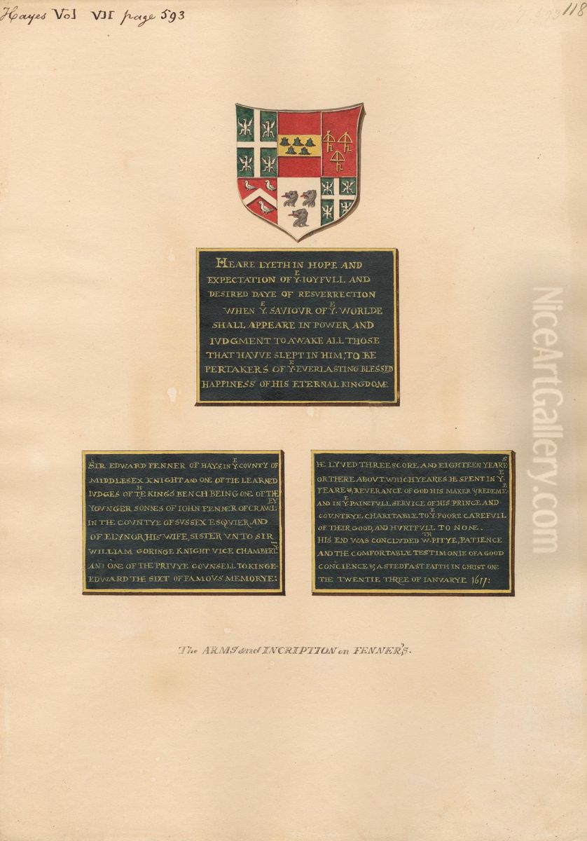 Arms and Inscription on Tomb of Sir Edward Fenner of Hays from Hayes Church Oil Painting by Daniel Lysons