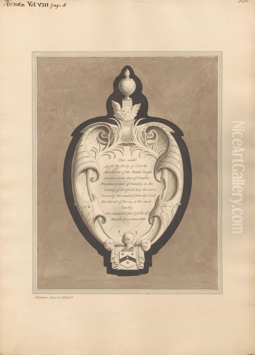 Memorial to Charles Mordaunt from Hendon Church Oil Painting by Daniel Lysons