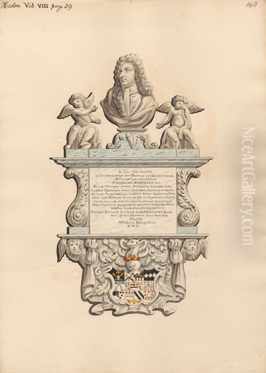 Memorial to Whitlocke Bulstrode from Heston Church Oil Painting by Daniel Lysons