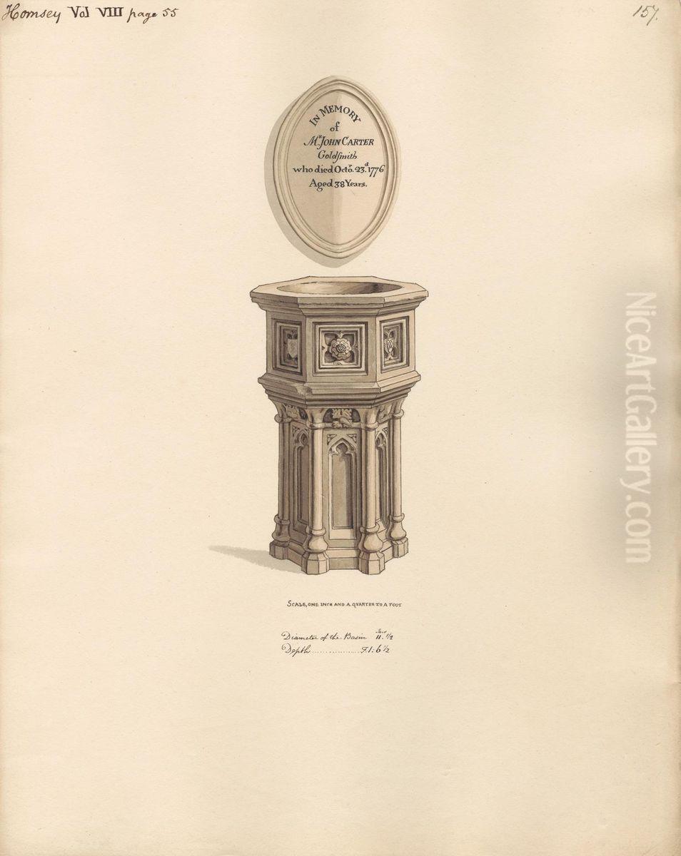 Font and Memorial to John Carter from Hornsey Church Oil Painting by Daniel Lysons