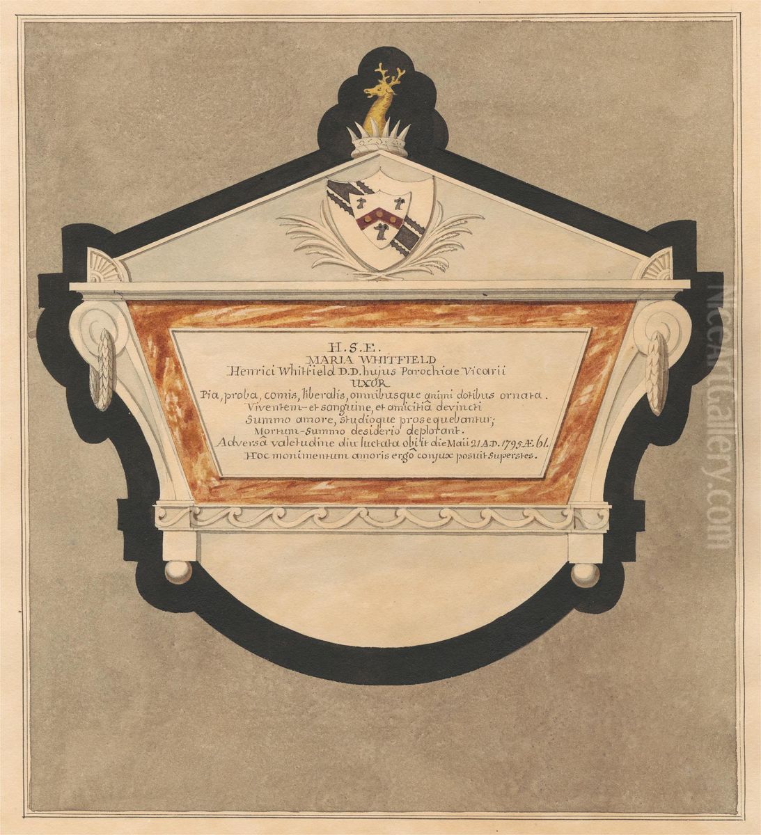 Memorial to Maria Whitfield from Bedfont Church Oil Painting by Daniel Lysons