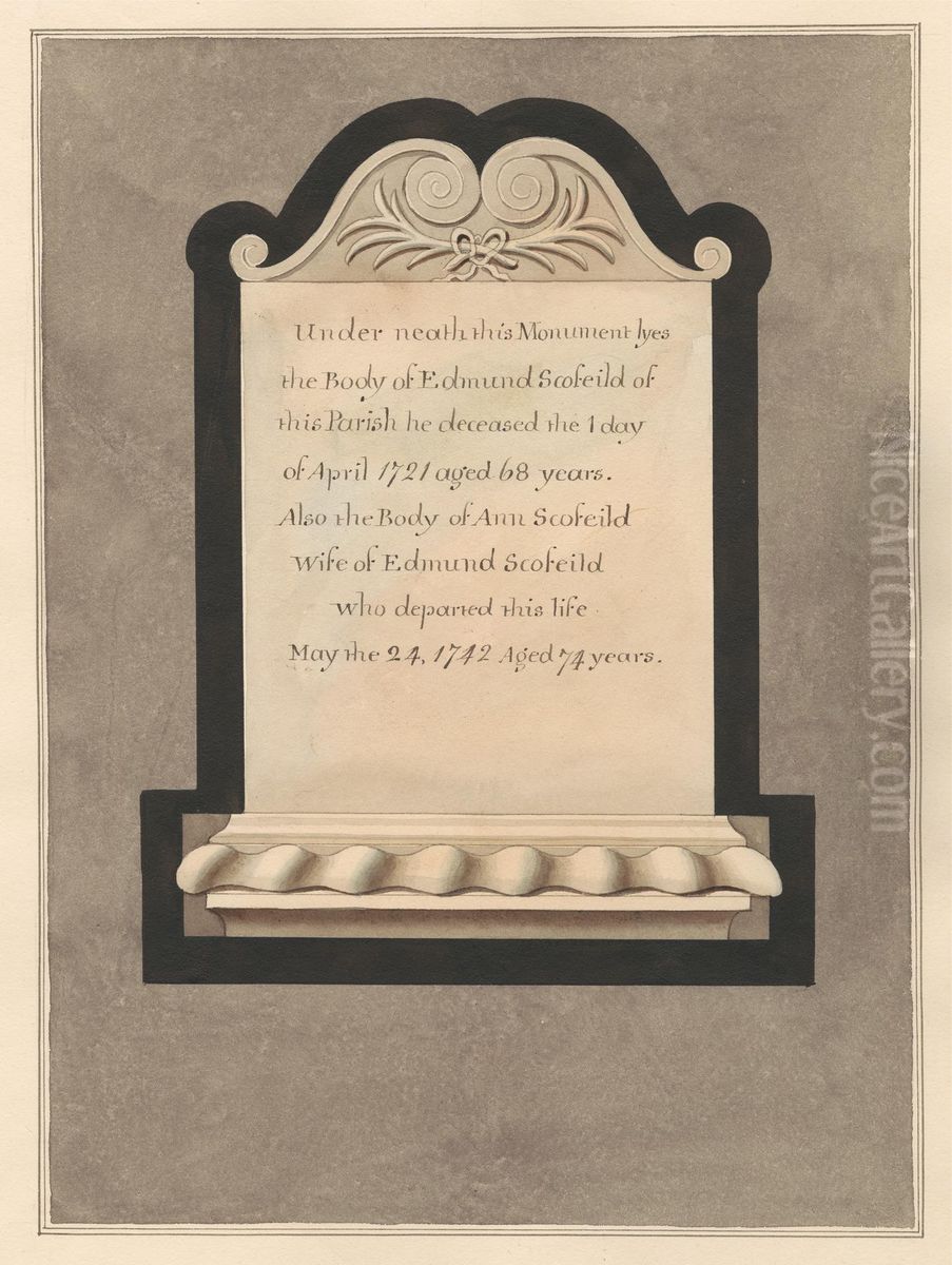 Memorial to Edmund Scofield and his wife Ann from Cowley Church Oil Painting by Daniel Lysons