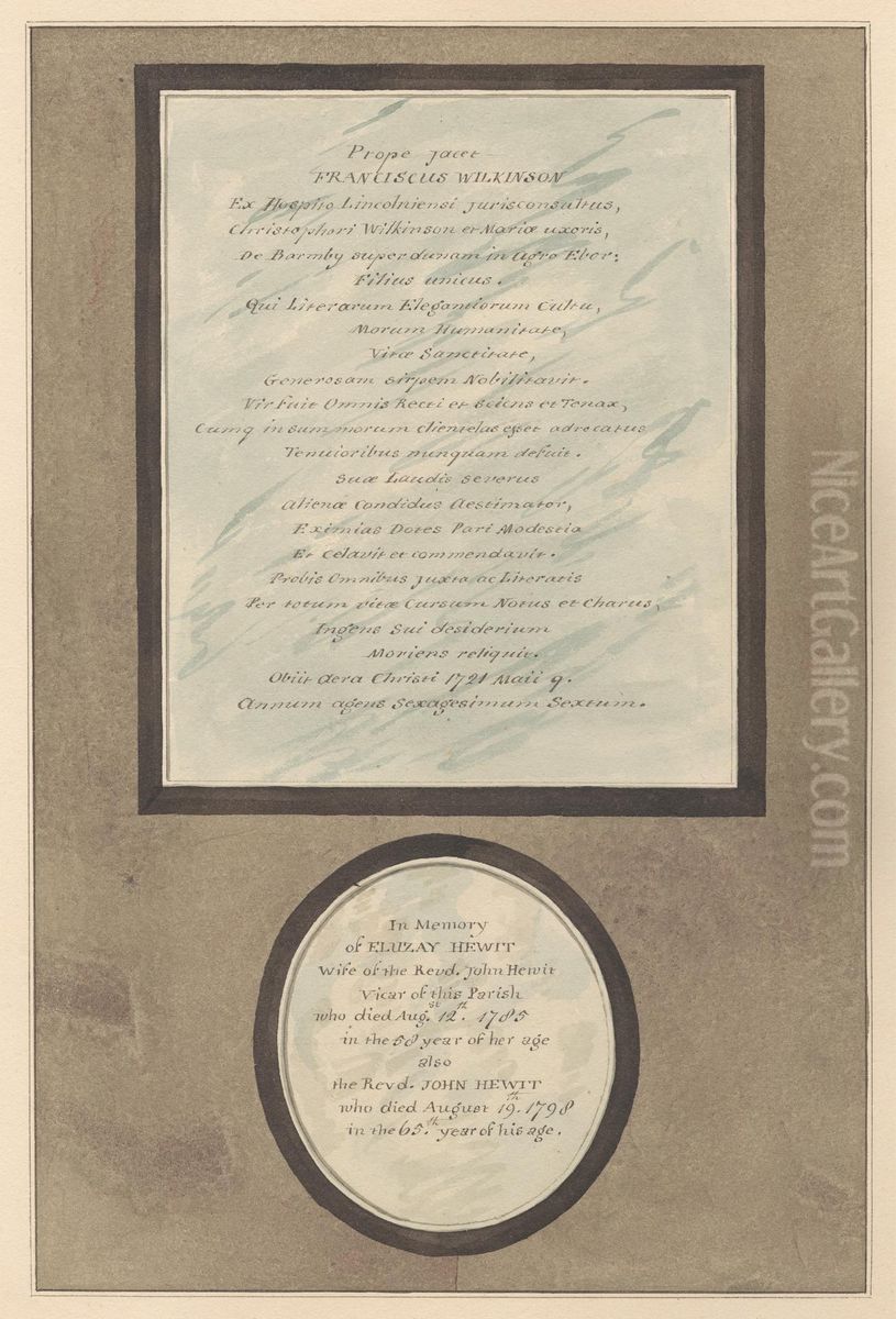 Memorials to Francis Wilkson and John and Eluzay Hewitt from Feltham Church Oil Painting by Daniel Lysons