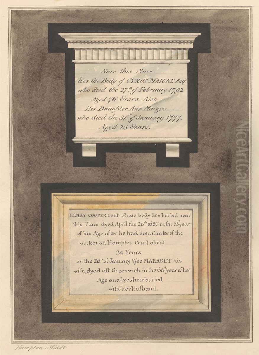 Memorials to Cyrus Maigre, Ann Maigre and Henry and Margaret Cooper from Hampton Church Oil Painting by Daniel Lysons