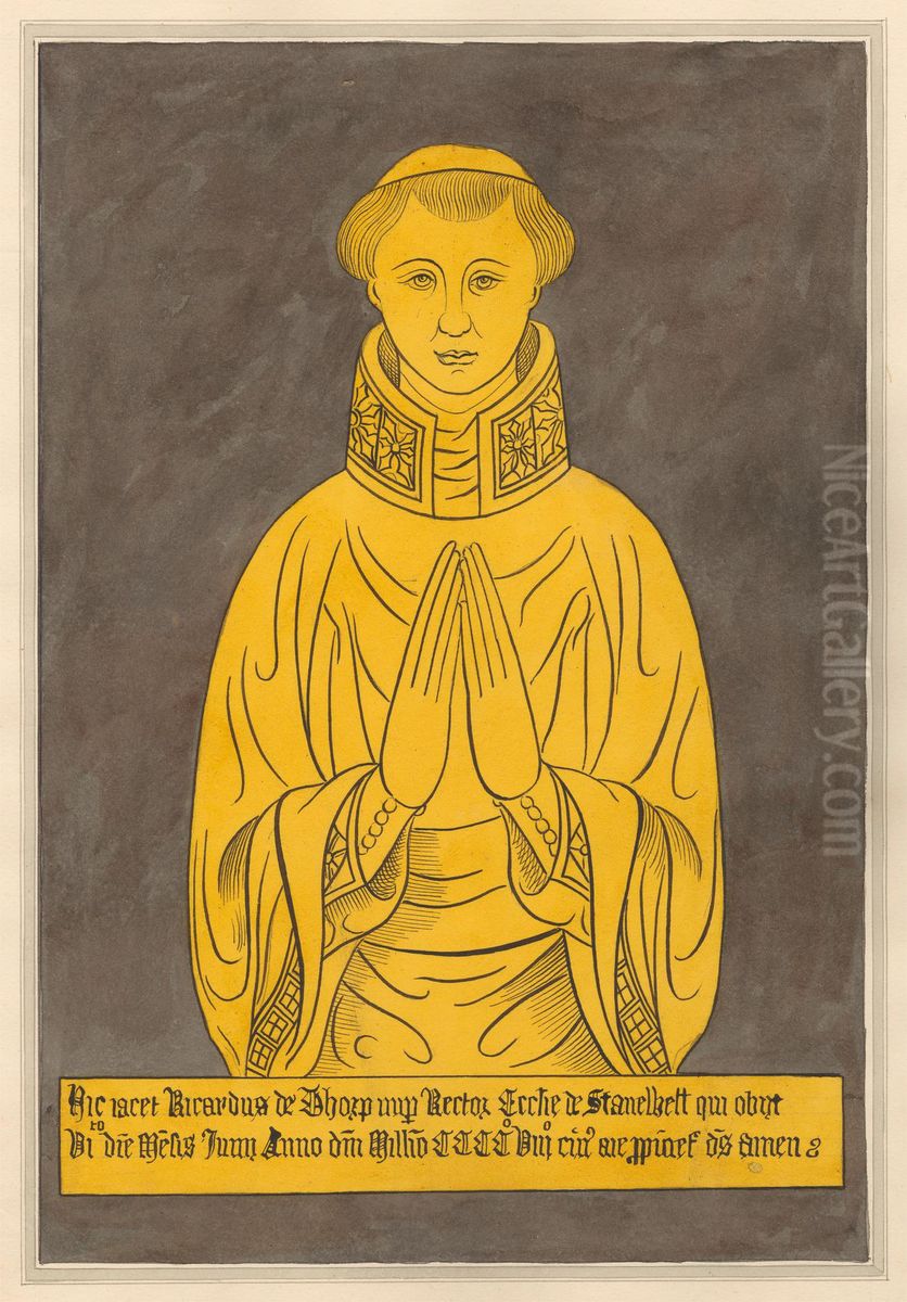 Brass Plate for Richard de Thorp, from Stanwell Church Oil Painting by Daniel Lysons