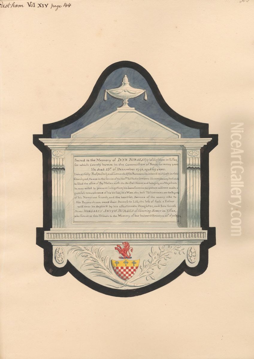 Memorial to Inyr Burgess, from East Ham Church Oil Painting by Daniel Lysons