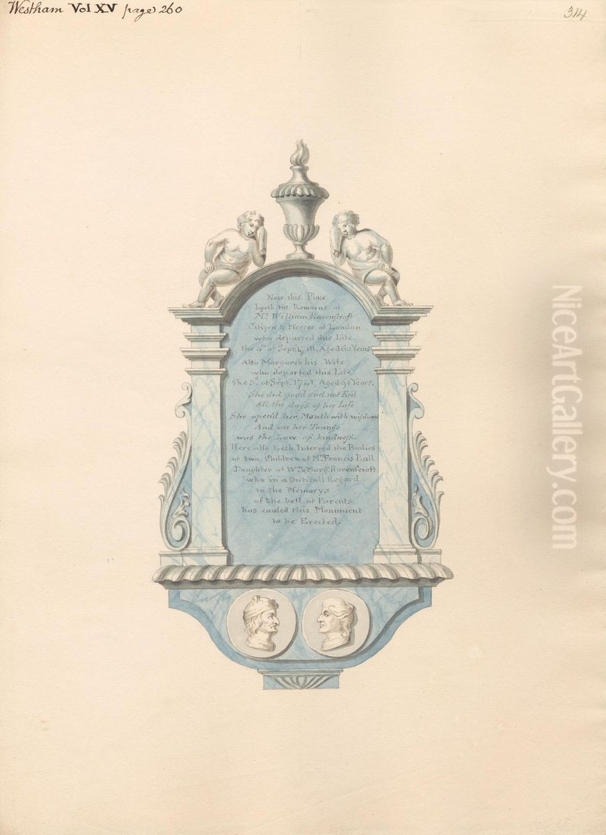Memorial to William Ravenscroft and his wife Margaret, also two children of Mrs. Frances Ball from West Ham Church Oil Painting by Daniel Lysons