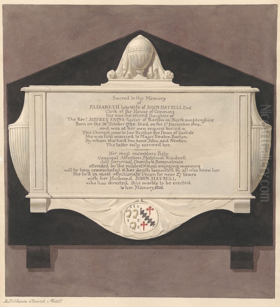 Memorial to Elizabeth Hatsell, from Fulham Church Oil Painting by Daniel Lysons