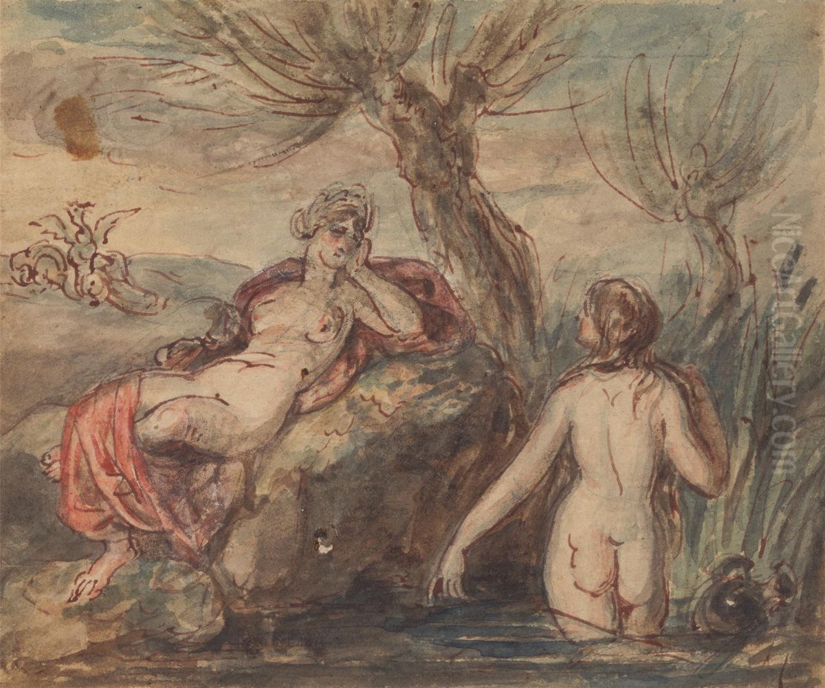 Two Women Enjoying Their Time by a Stream Oil Painting by Robert Smirke