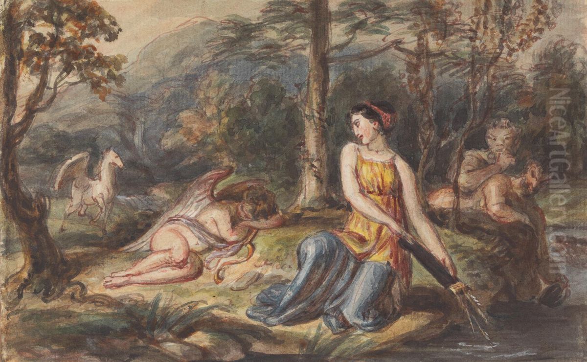 Diana, Goddess of the Hunt, with Satyrs, sleeping Cupid and a Pegasus in a Wooded Landscape Oil Painting by Robert Smirke