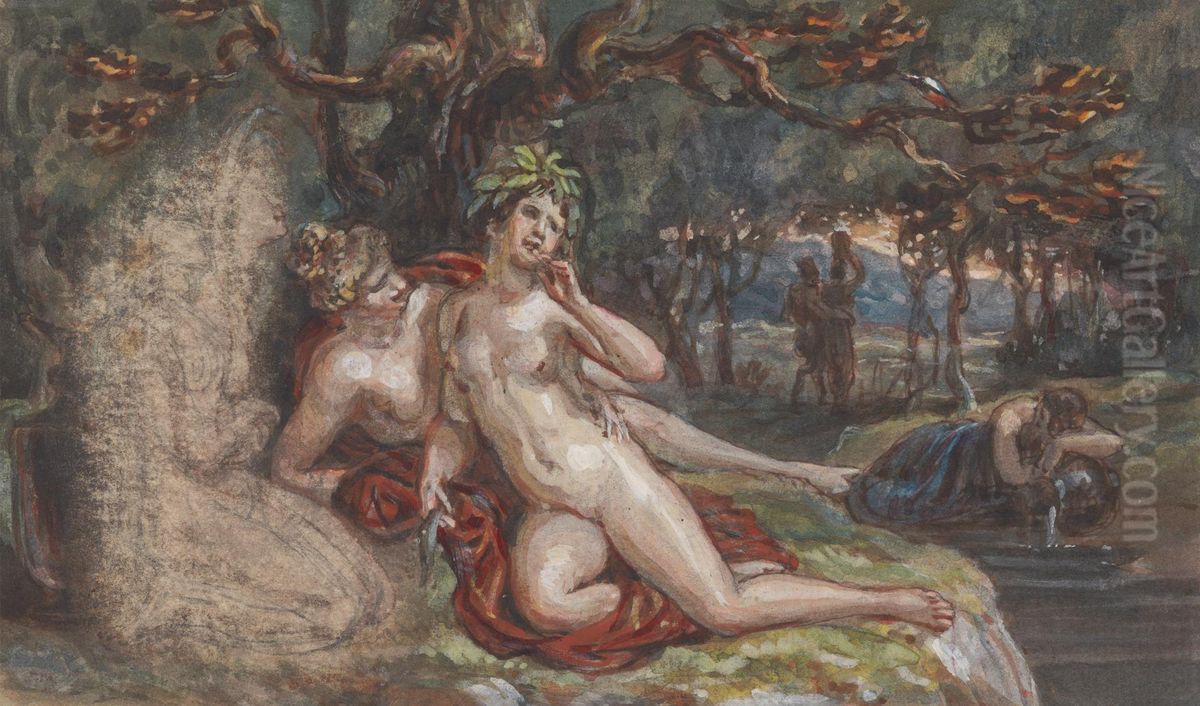 Wooded Scene with a Couple Laying under a Tree, by a Stream Oil Painting by Robert Smirke