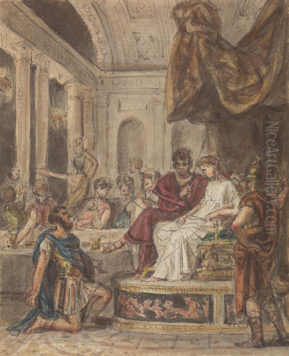 Banquet Scene, with a Roman Soldeir Kneeling to a Famale Figure Sitting on a Throne Oil Painting by Robert Smirke