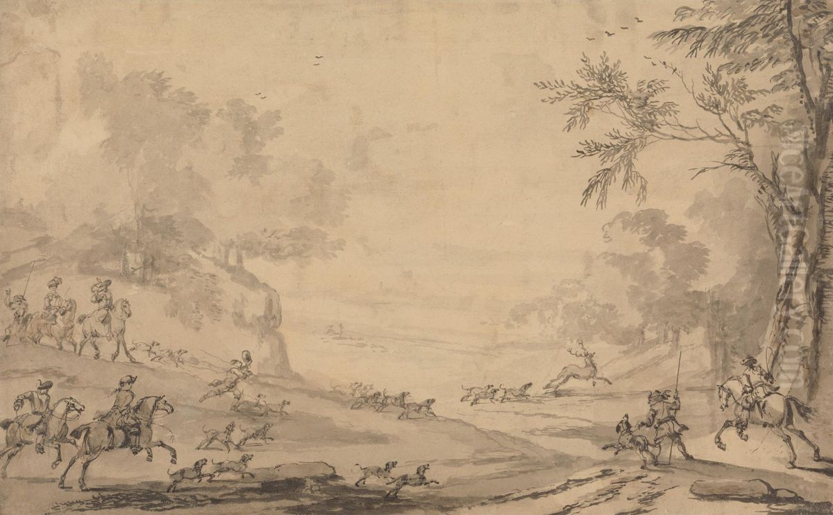 A Stag Hunt Oil Painting by John Wootton