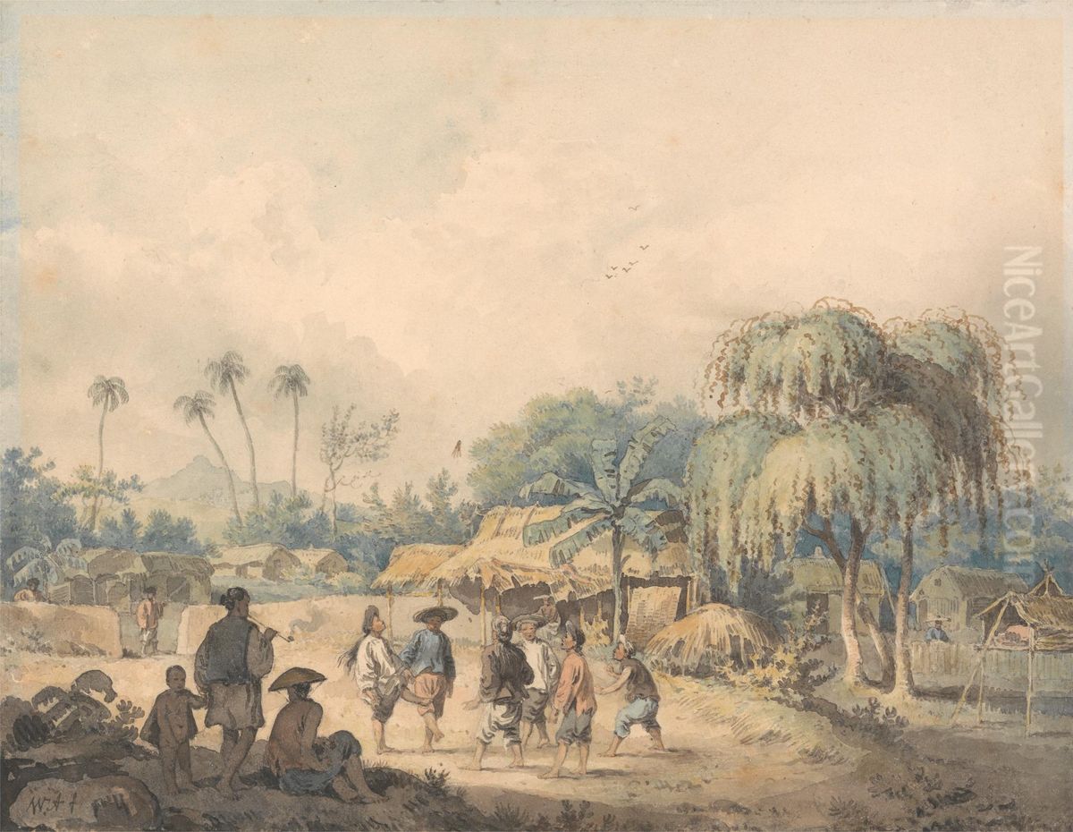 Natives of Cochin Playing Shuttlecock in China Oil Painting by William Alexander