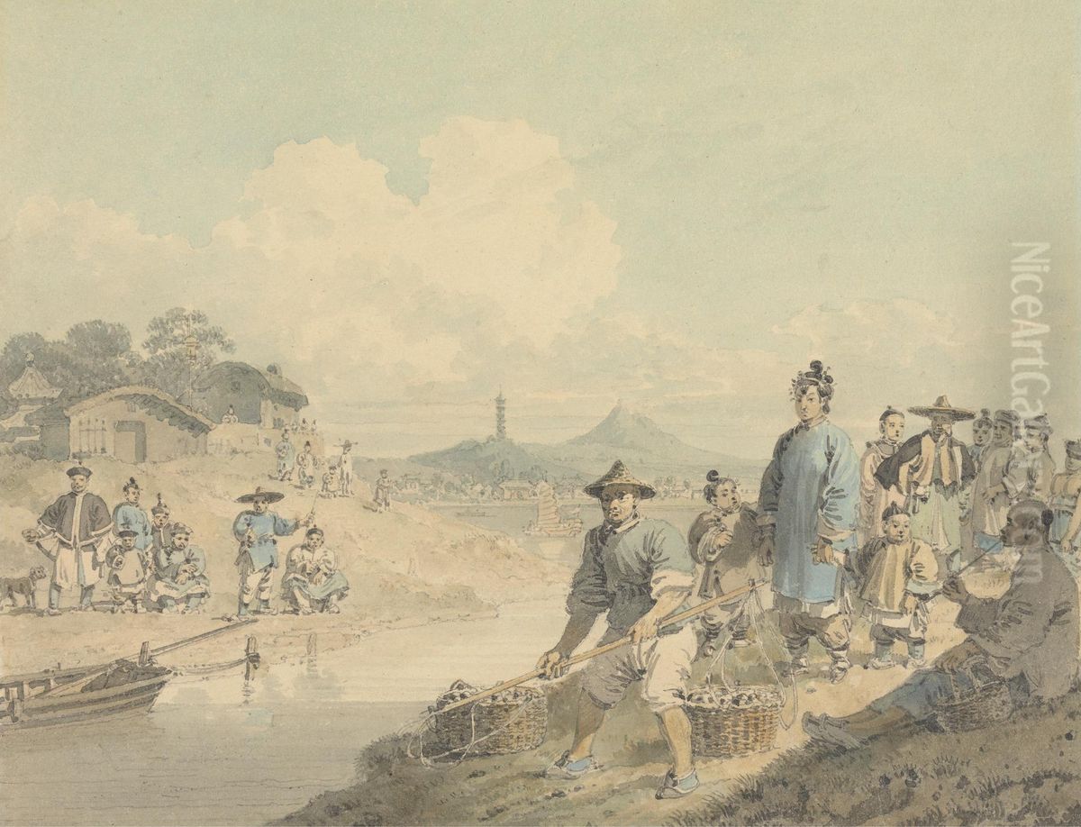 Figures with Pagoda and Mountain Oil Painting by William Alexander