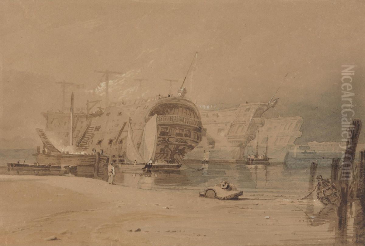 Hulks at Plymouth Oil Painting by Samuel Prout