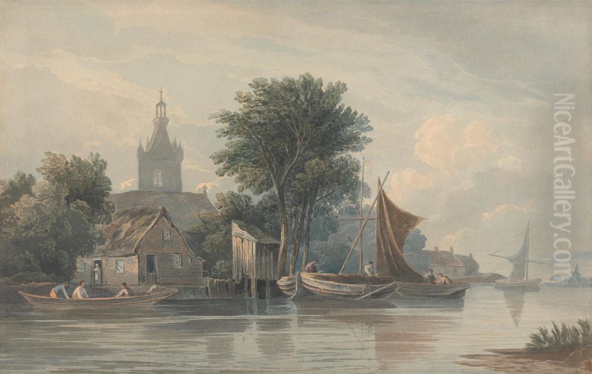 View on the Thames at Battersea Oil Painting by John Varley