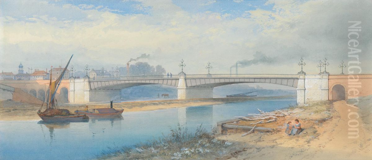 Iron Bridge on the Outskirts of an Industrial Town Oil Painting by Thomas Charles Leeson Rowbotham