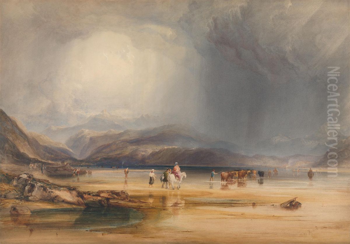 A View of Snowdon from the Sands of Traeth Mawr, taken at the Ford Between Pont Aberglaslyn and Tremadoc Oil Painting by Copley Fielding