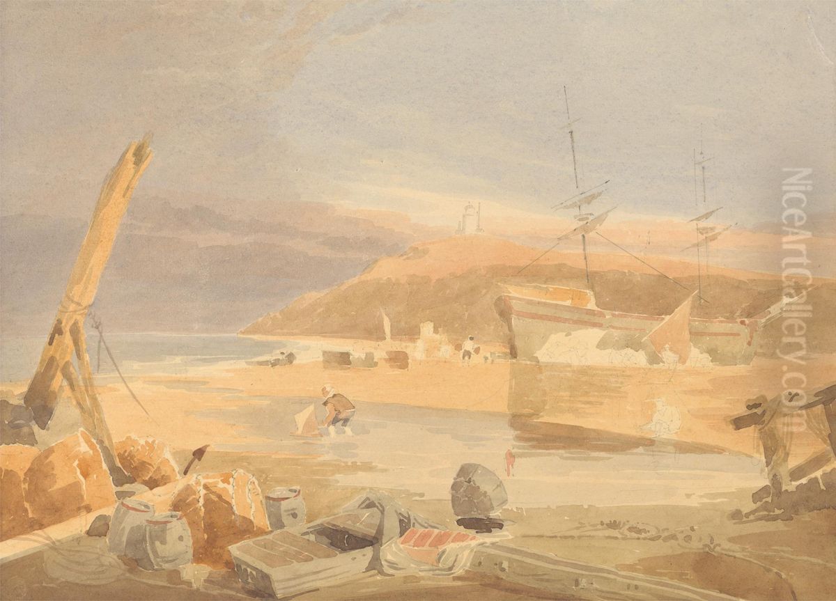 Shore Scene with Sailing Ship at Quay Oil Painting by John Thirtle