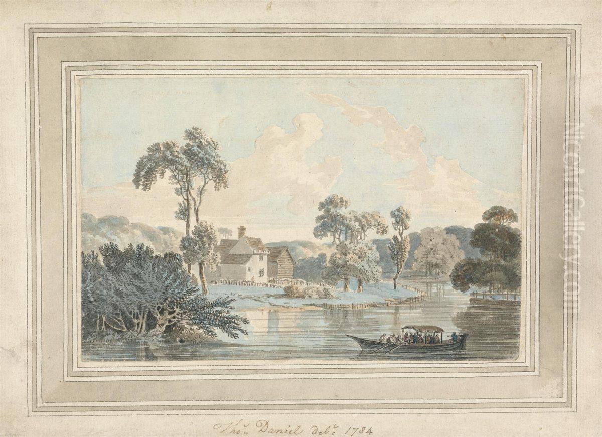Farmhouse, River and Barge Oil Painting by Thomas Daniell