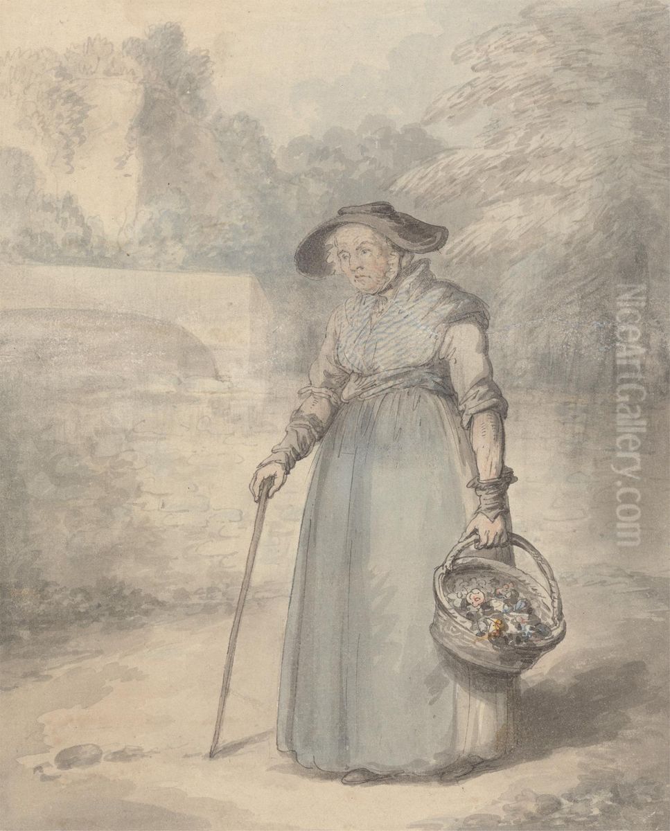 Old Lady with Basket of flowers Oil Painting by Edward Edwards
