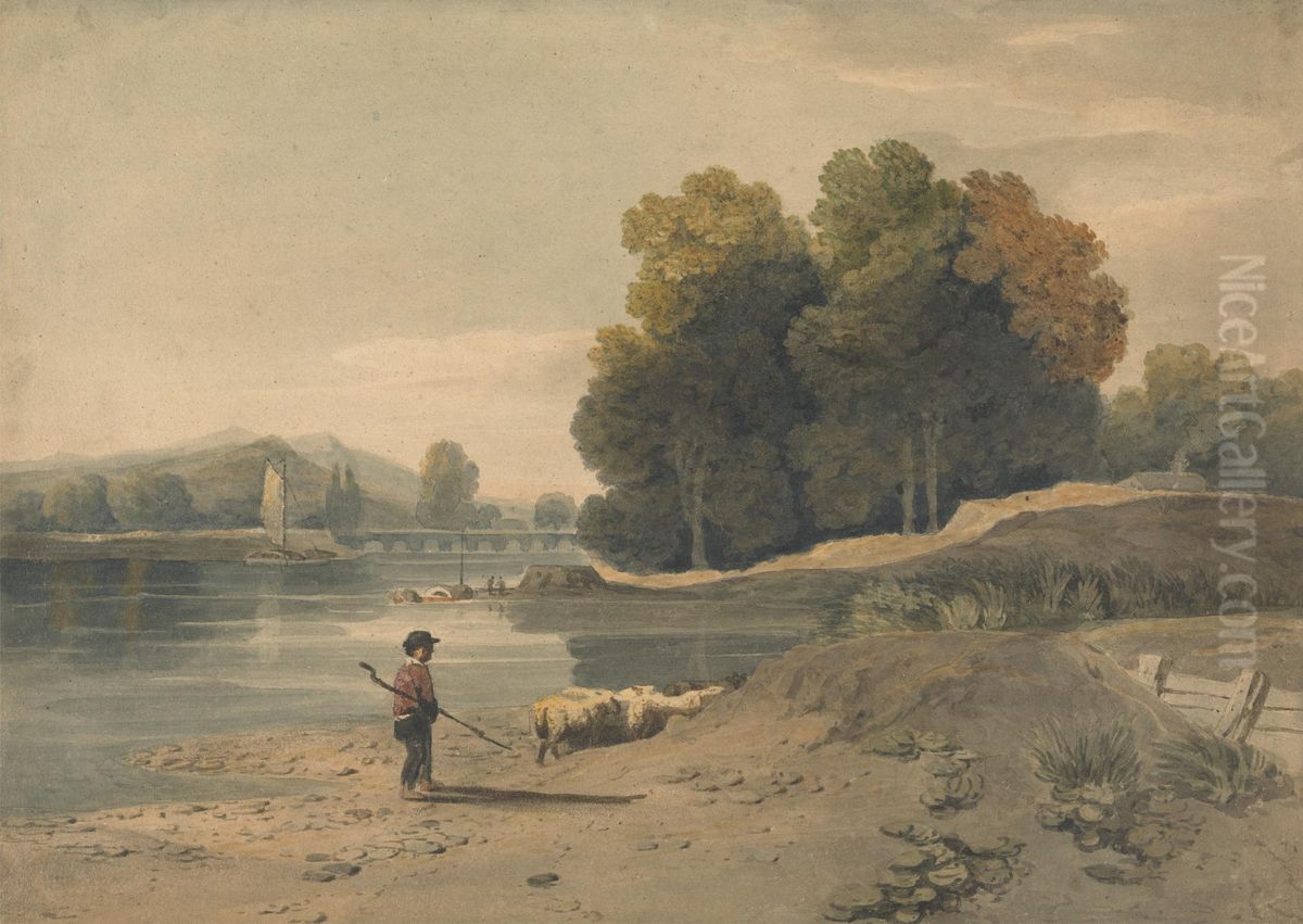 River Scene with Boy and Sheep Oil Painting by William Havell