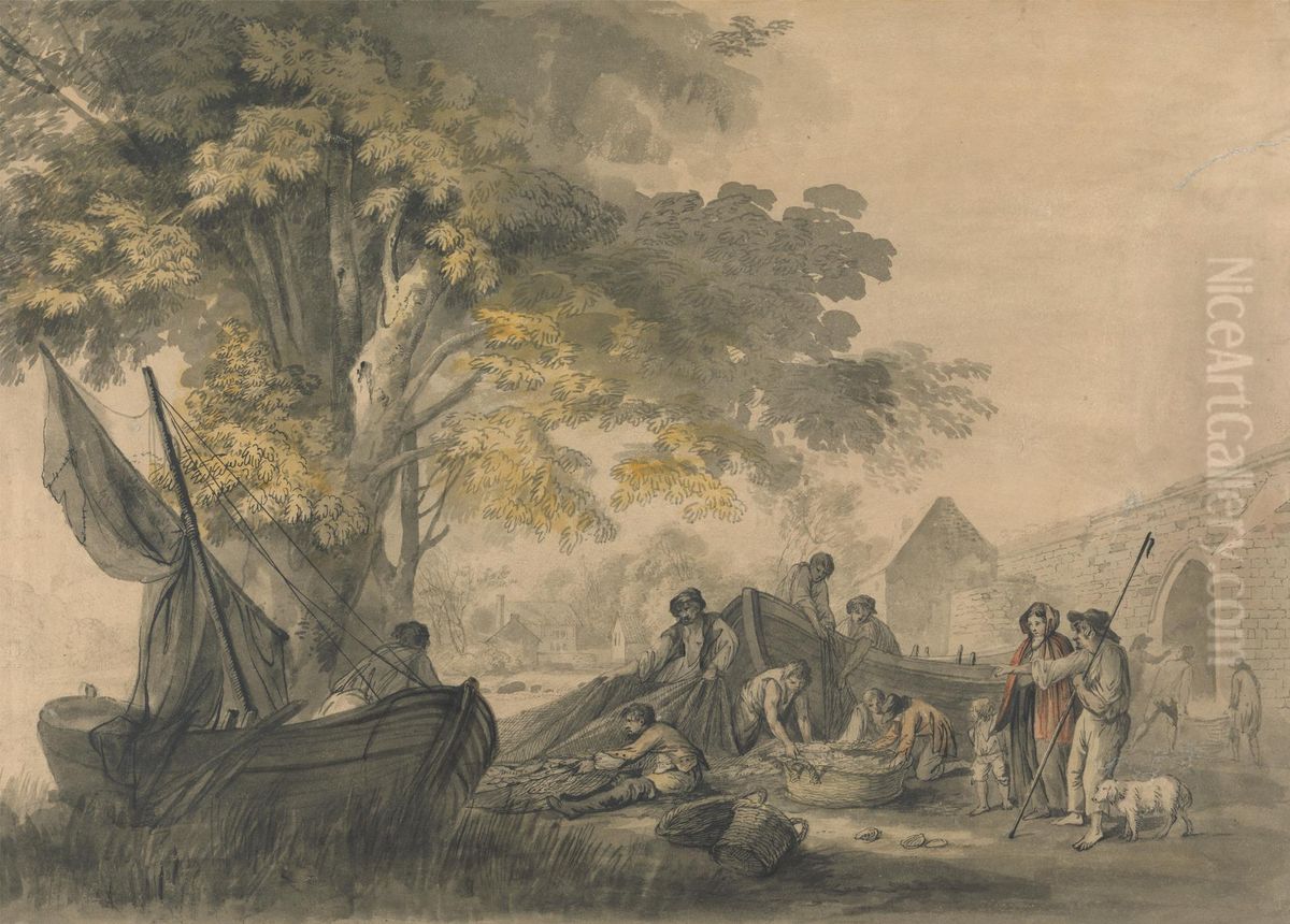 Boats, Fishermen and Peasents near a Weir Oil Painting by George Robertson