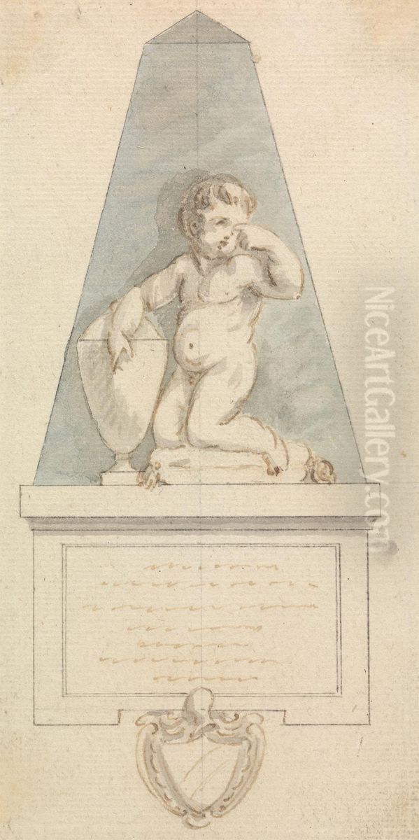 Cherub Weeping by an Urn Oil Painting by Joseph Nollekens