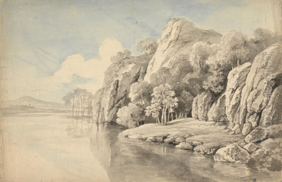 River Bank With High Rocks Oil Painting by George Barret, Sr.