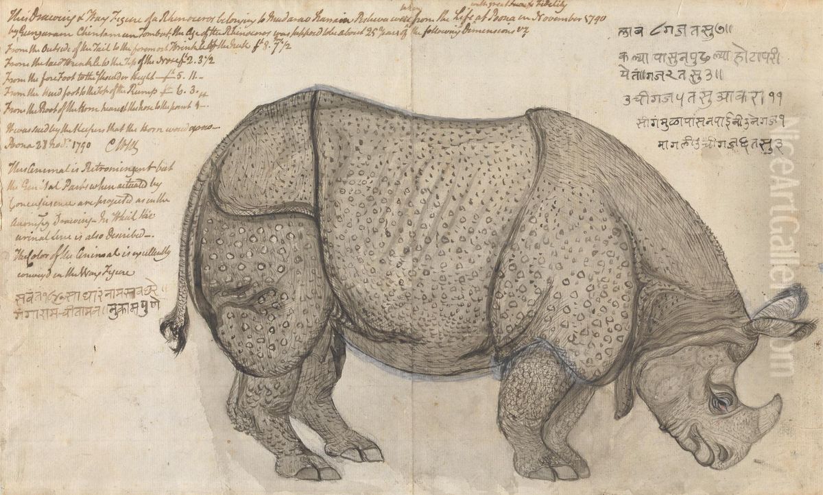 A Rhinoceros in the Peshwa's Menagerie at Poona Oil Painting by Gangaram Chintaman Tambat