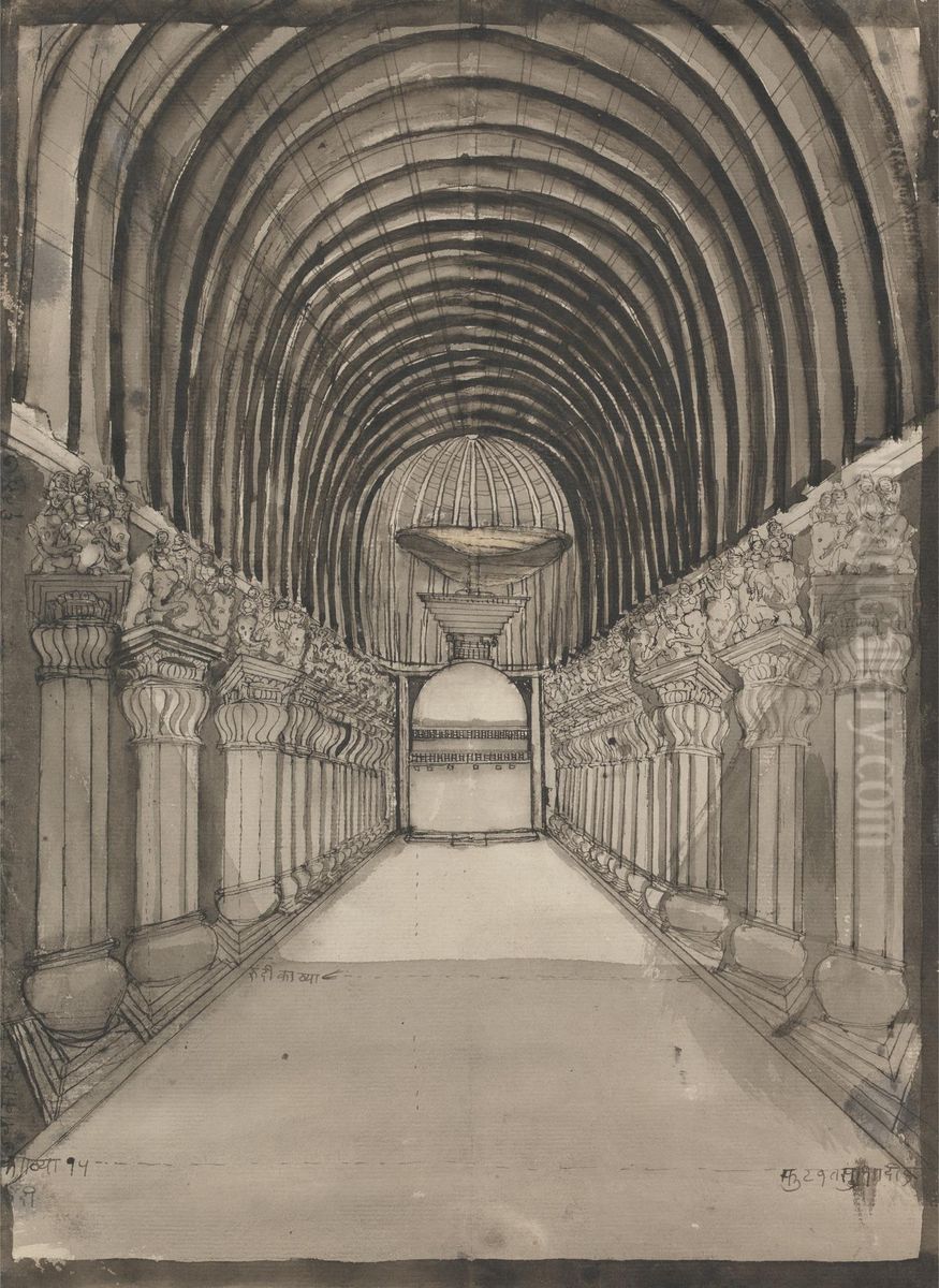 Interior of Karli Cave Oil Painting by Gangaram Chintaman Tambat