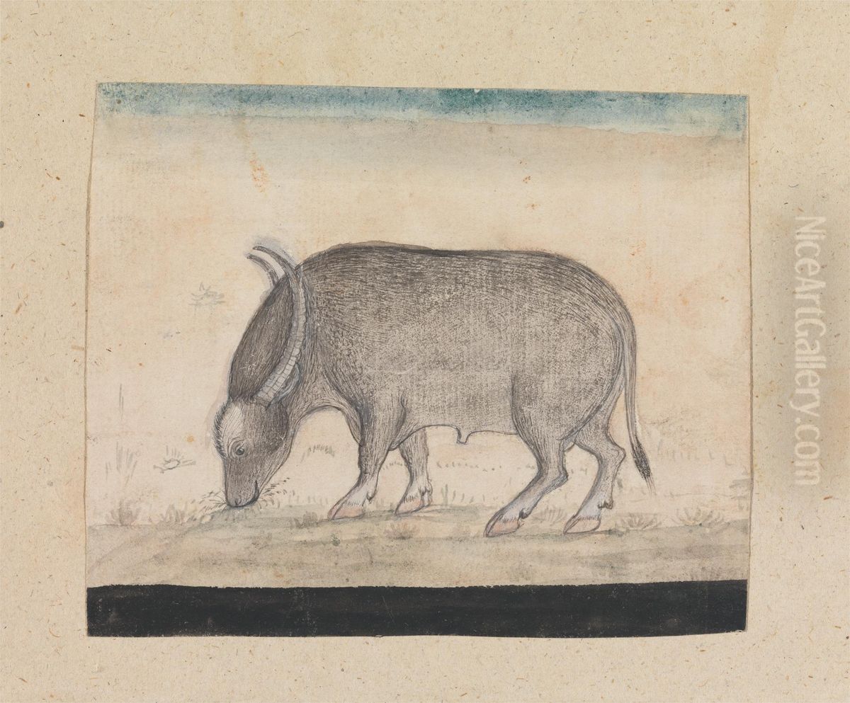 A Waterbuffalo Oil Painting by Gangaram Chintaman Tambat