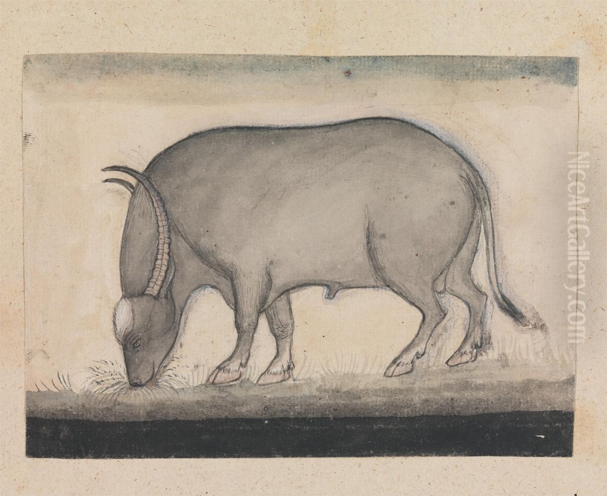 Water Buffalo Grazing Oil Painting by Gangaram Chintaman Tambat