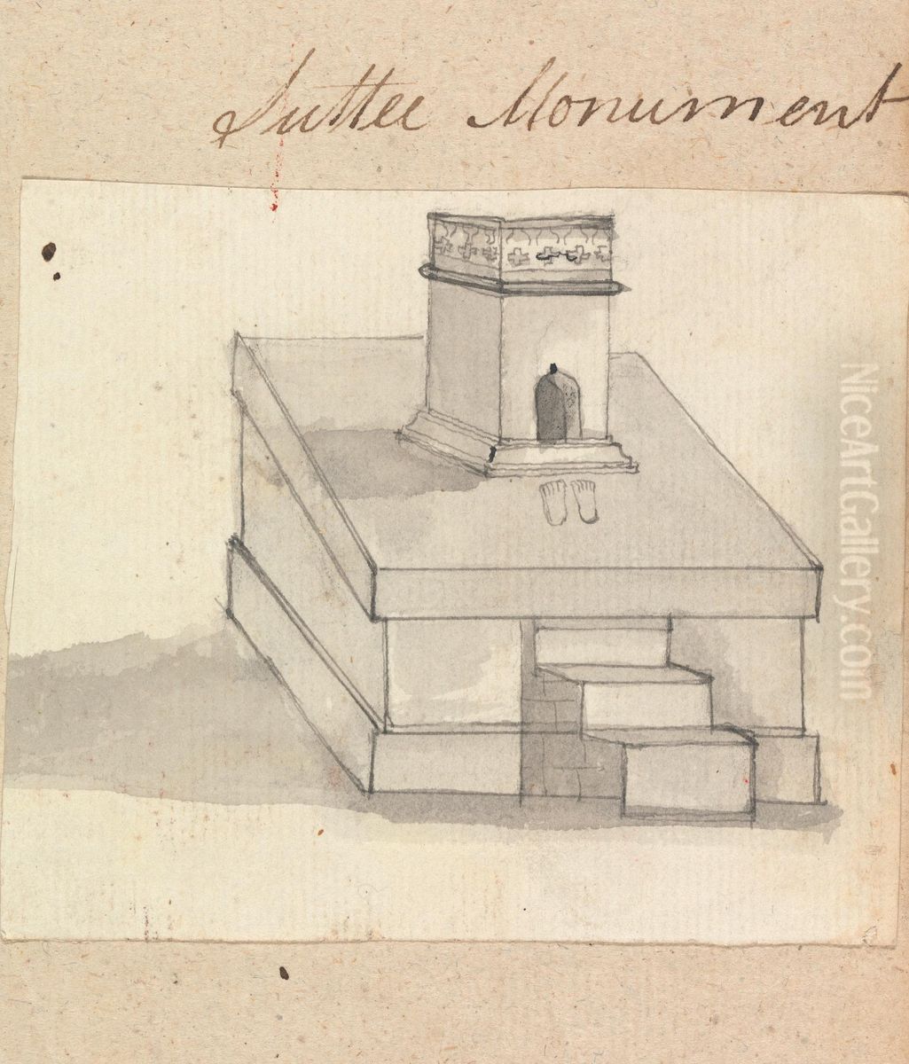 A Suttee Monument Oil Painting by Gangaram Chintaman Tambat