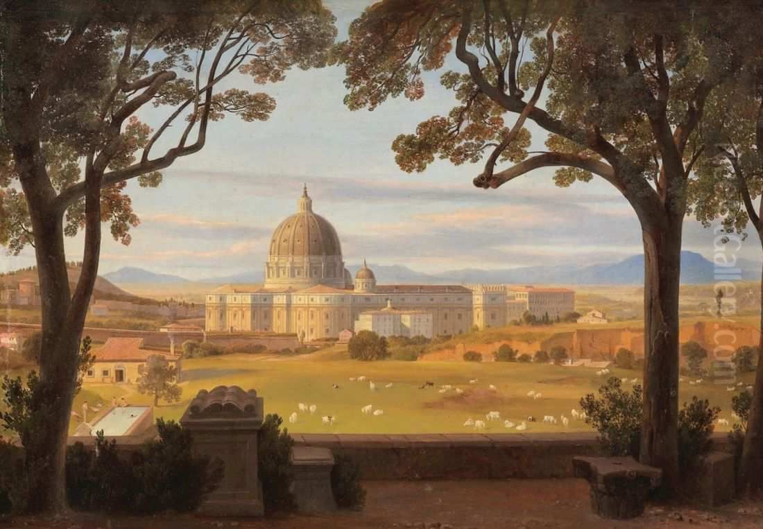 View from the Villa Doria Pamphili to Saint Peter's Basilica in Rome Oil Painting by August Ahlborn