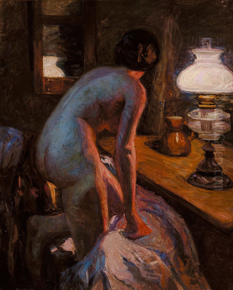 A model turning away in the lamplight. Oil Painting by Christian Aigens