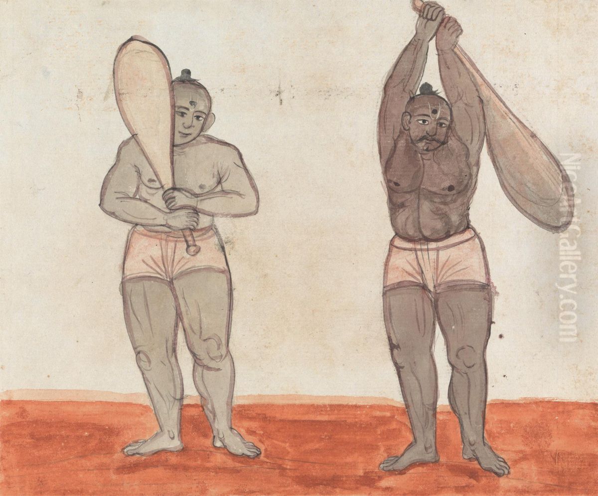 Two Jeyties Weightlifting Oil Painting by Gangaram Chintaman Tambat