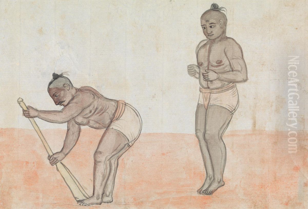 Two Jeyties Exercising Oil Painting by Gangaram Chintaman Tambat